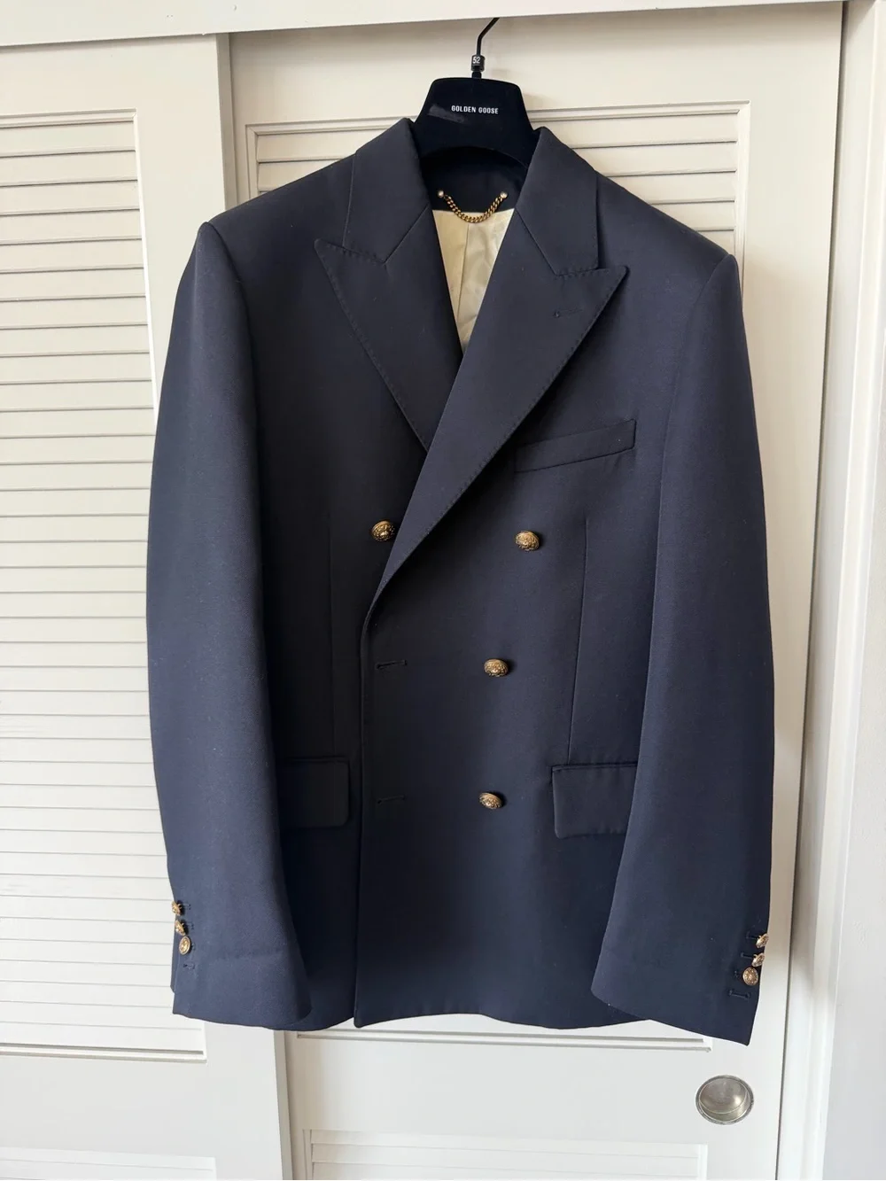 Golden Goose Navy Double-Breasted Sport Coat with Gold Buttons